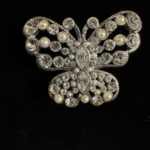 Large Vintage Butterfly Rhinestone Brooch Pin Clear Crystal Glass Silver